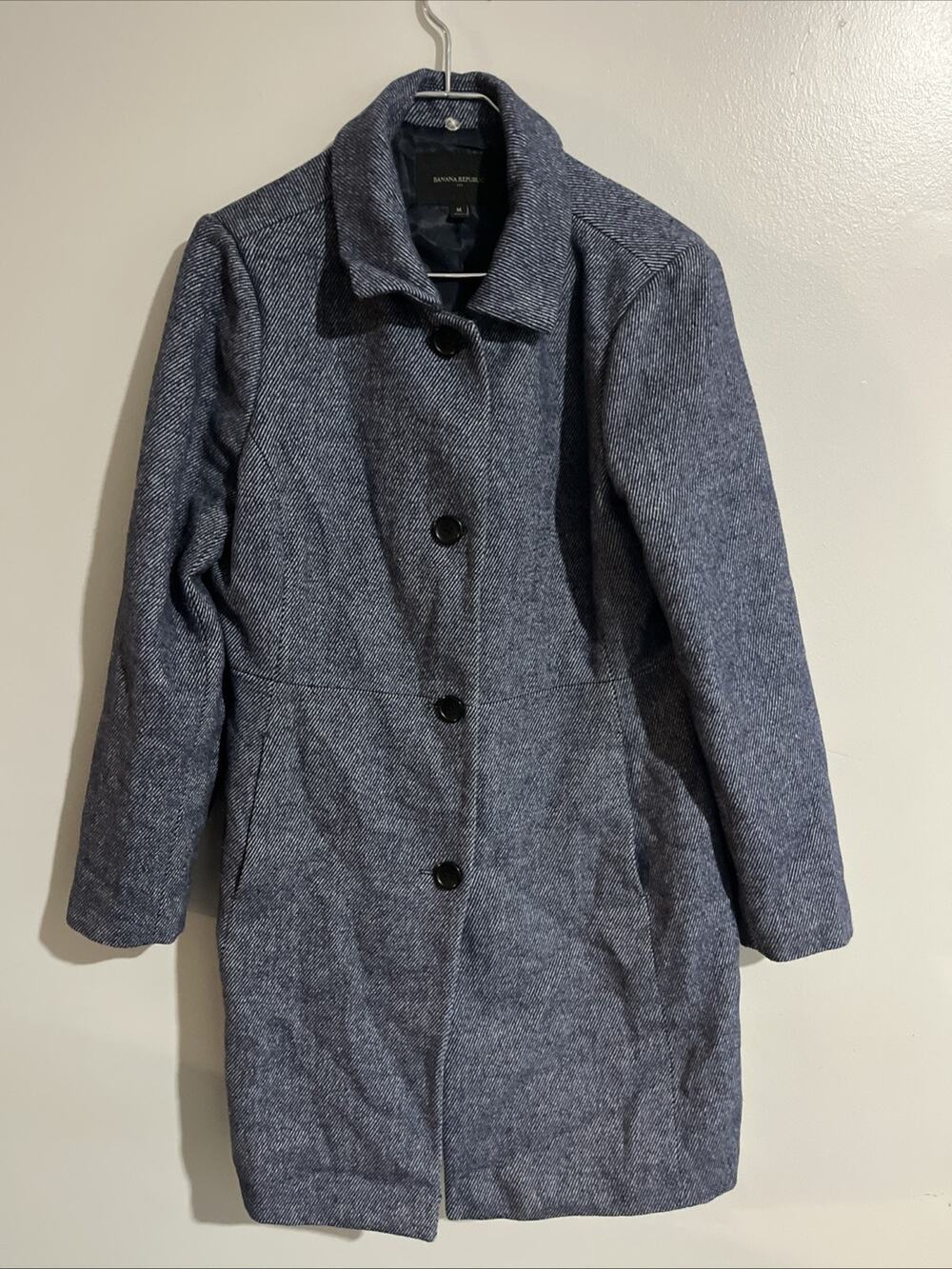Banana Republic Blue Herringbone Long Tailored Town Coat Jacket Wool Blend Sz M